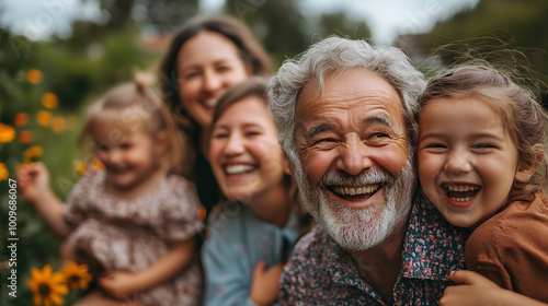 Family with grandparents and grandchildren spending fun moments in the garden of the house 