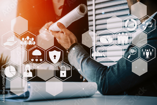 Cyber Security and Digital Data Protection Concept. Icon interface showing secure firewall technology for online data access defense against hacker, virus and insecure information for privacy. uds photo