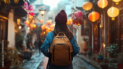 Back View of Woman with Backpack Exploring Vibrant Lantern-Lit Alley at Dusk