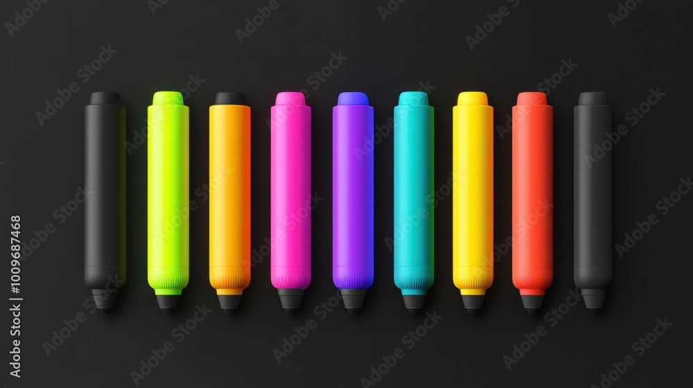 Blank mockup of a pack of eight neon highlighters in a variety of bold and bright colors for fun notetaking. . Blank mockup of a pack of eight neon highlighters in a variety of bold and bright colors for fun notetaking. .