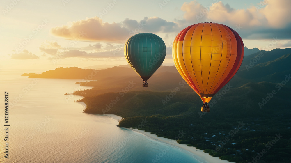 Fototapeta premium Hot air balloons in sunrise over beautiful landscape of Komo Island, Fiji