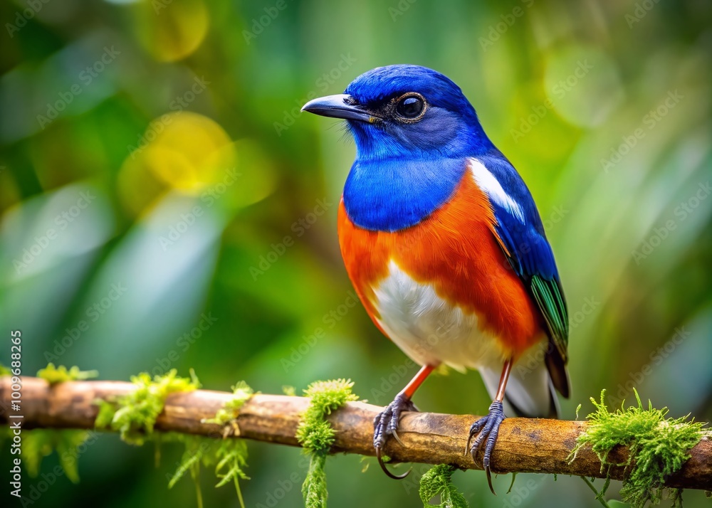Vibrant Blue, White, and Orange Bird Perched on a Branch in a Lush Green Environment Vibrant Blue, White, and Orange Bird Perched on a Branch in a Lush Green Environment