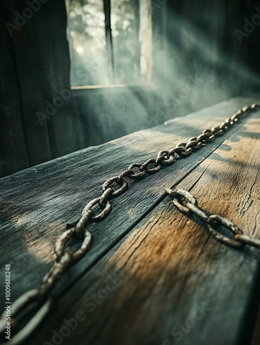 Chains on a rustic wooden table illuminated by soft light beams