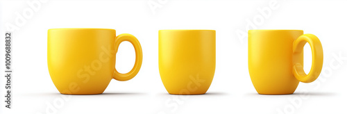 3d yellow coffee mug icon isolated on white background, front and side view, yellow cup of tea or milk with handle, vector illustration