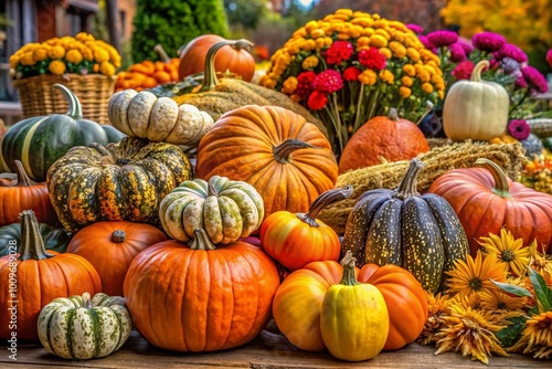 Vibrant Gourds and Pumpkins in Autumn Decor for Seasonal Celebrations and Harvest Festivals