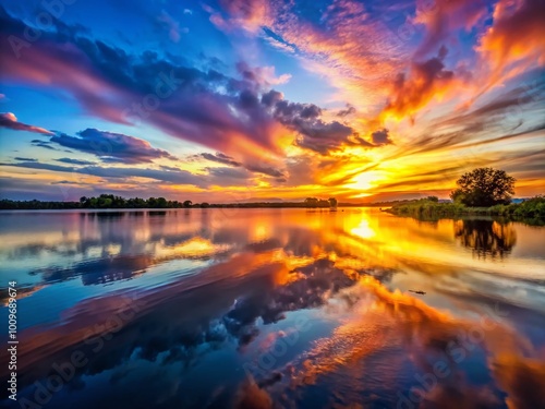 Vibrant Painting of Sunsets Over Tranquil Waters with Colorful Sky and Reflections in the Evening