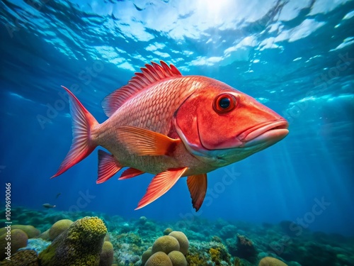 Vibrant red snapper fish gliding gracefully through clear blue ocean waters, showcasing its beauty