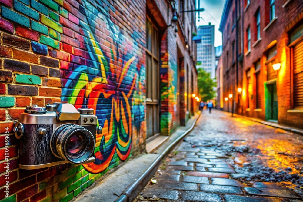 Fototapeta premium Vintage Urban Scene with Raffish Style Elements: Graffiti Wall, Old Brick, and Urban Antiques