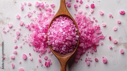 A wooden spoon filled with pink salt on a textured surface.