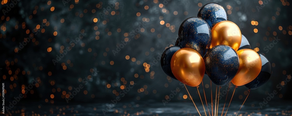 Naklejka premium Black and Gold Balloons Against Dark Background