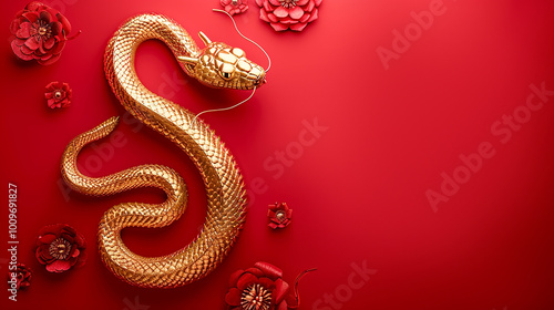 Golden snake symbol of the 2025 new year on a red background with copy space. Traditional elements of the Chinese New Year holiday minimalist style, leaving space for copy space