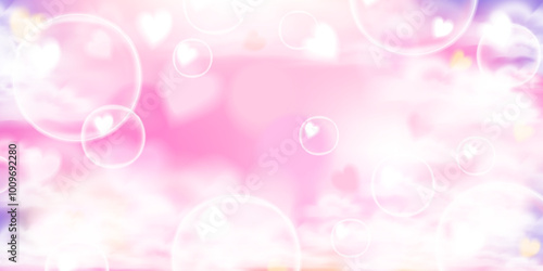 Lovely pink unicorn sky background with bubbles and glowing hearts. Pastel anime sunset cloud banner. Stock vector illustration in realistic style.
