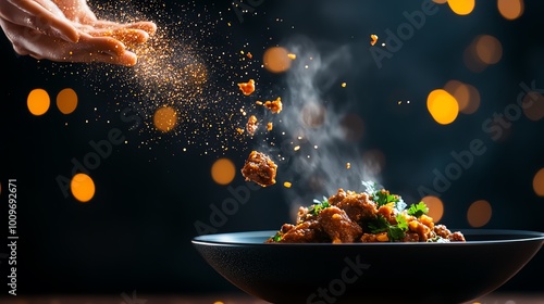 Aromatic beef rendang, dark, rich curry coating forktender meat photo