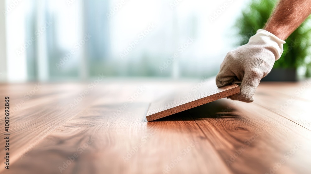 Close up of a worker installing new hardwood flooring in a living room. Close up of a worker installing new hardwood flooring in a living room.