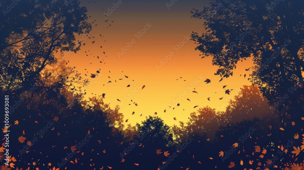 Abstract Autumn Sunset with Silhouetted Trees and Falling Leaves for Poster Design Abstract Autumn Sunset with Silhouetted Trees and Falling Leaves for Poster Design