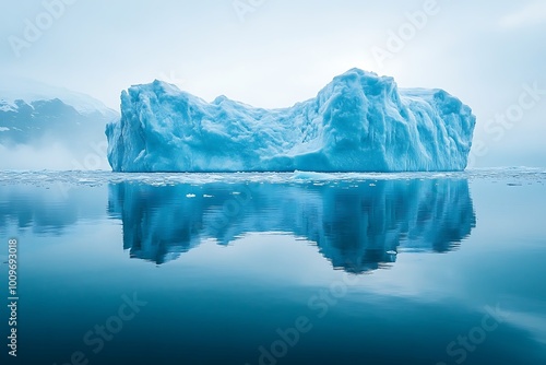 A large iceberg with reflection in the blue water of the Arctic Ocean