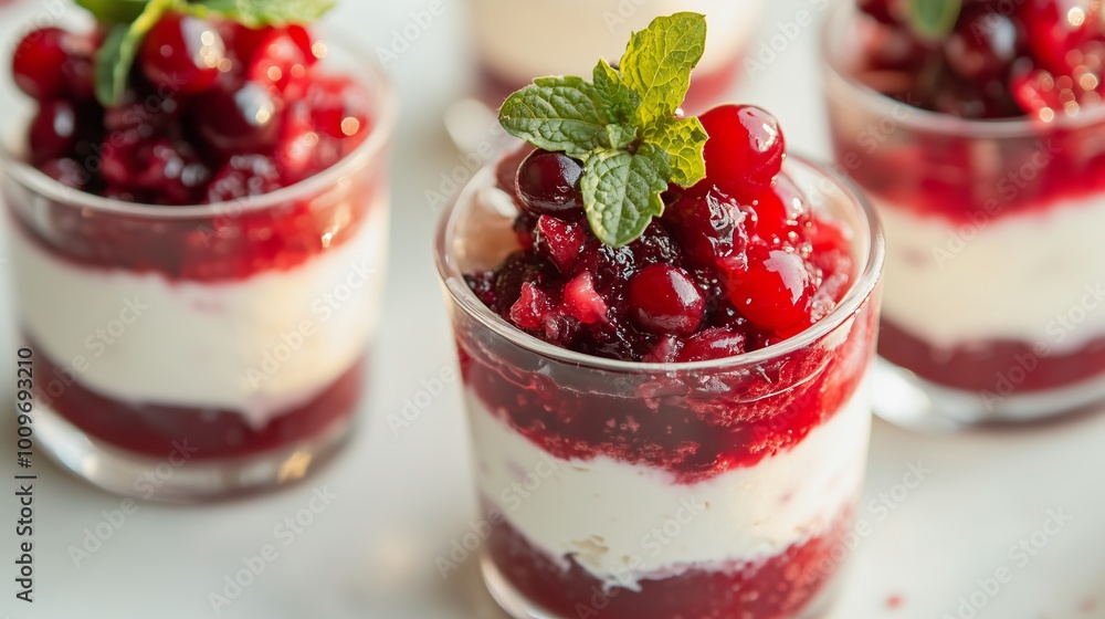 mini cranberry and white chocolate mousse cups, layered with cranberry compote and topped with fresh mint mini cranberry and white chocolate mousse cups, layered with cranberry compote and topped with fresh mint