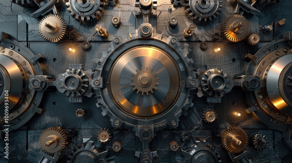 High-Tech Symmetrical Gear Mechanism with Polished Steel and Brass Elements, Illuminated by Soft Light High-Tech Symmetrical Gear Mechanism with Polished Steel and Brass Elements, Illuminated by Soft Light