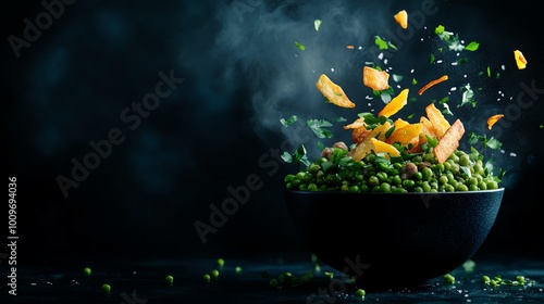 Aromatic Persian gheymeh, split pea and meat stew topped with crispy potato strips photo