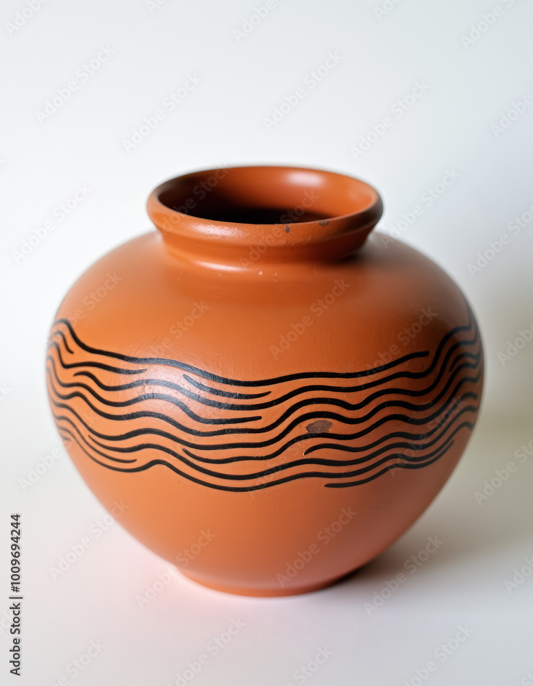 A brown vase with wavy stripes on a white surface A brown vase with wavy stripes on a white surface