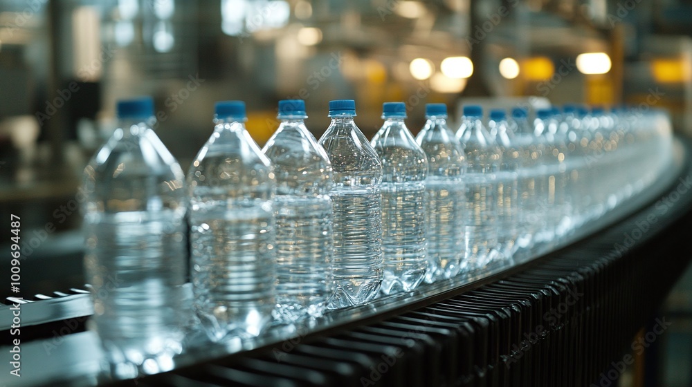 clear plastic drinking water bottles on an automated conveyor belt, modern production line in a bottling factory, industrial automation for efficient packaging and production, no label attached clear plastic drinking water bottles on an automated conveyor belt, modern production line in a bottling factory, industrial automation for efficient packaging and production, no label attached