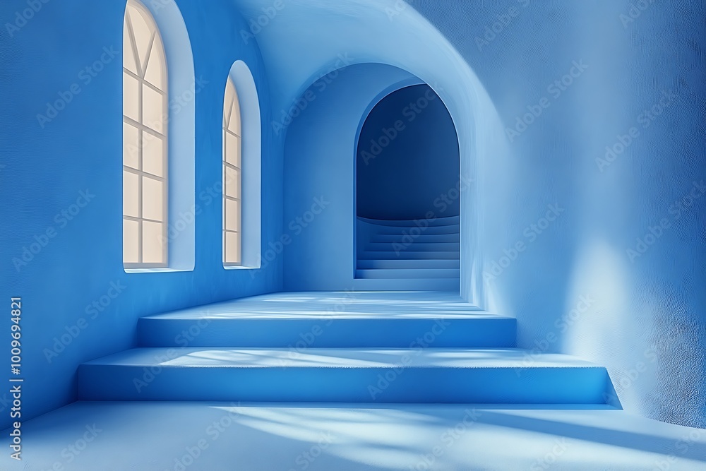 Blue archway with stairs and windows, a minimalist and surreal interior design Blue archway with stairs and windows, a minimalist and surreal interior design