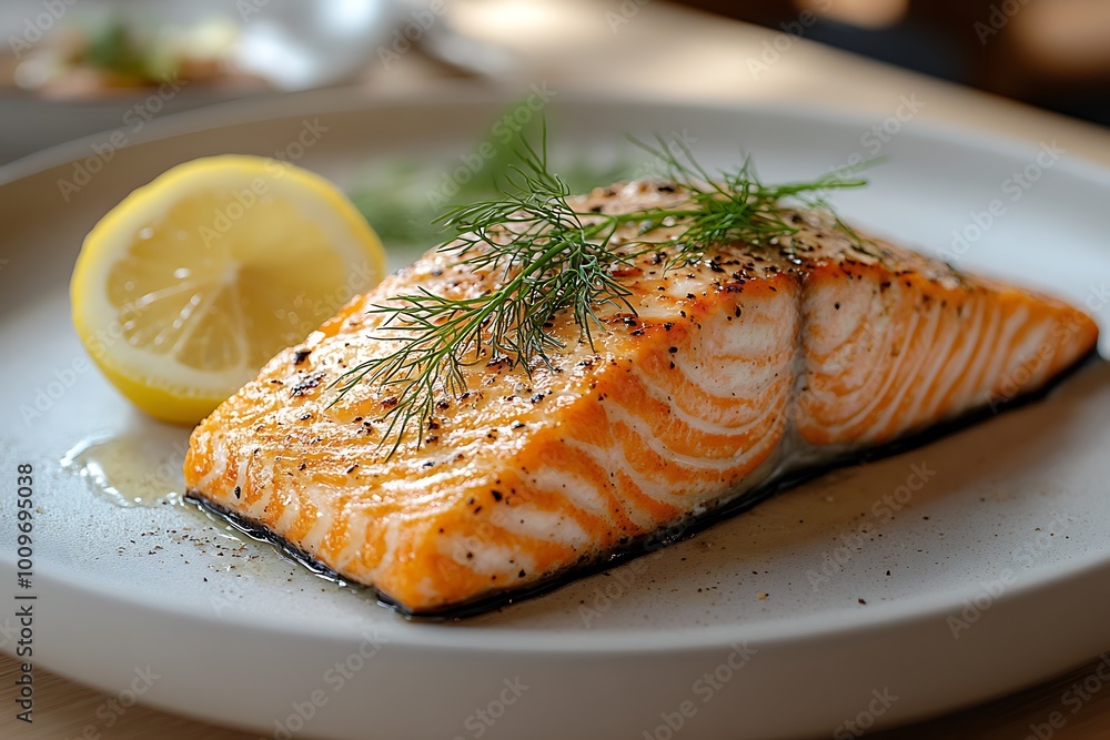 Grilled salmon fillet with lemon and dill on a white plate