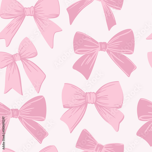 Vector seamless pattern with pink girlish bows on pastel pink background