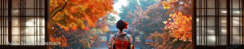 Woman wearing a traditional kimono, admiring vibrant autumn leaves in a Japanese garden. Free copy space for banner.