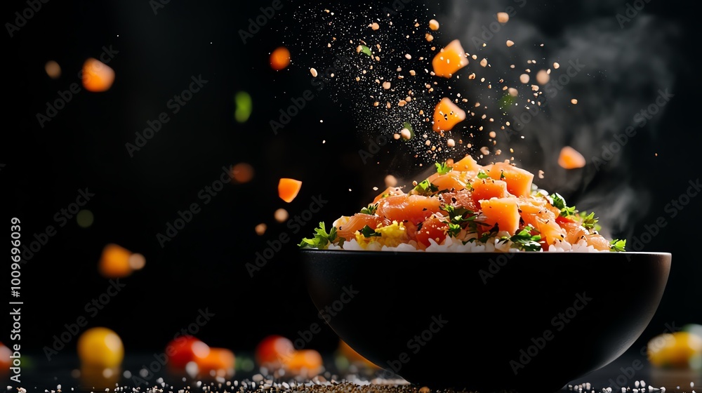 Colorful poke bowl, cubes of raw fish atop rice with assorted toppings Colorful poke bowl, cubes of raw fish atop rice with assorted toppings