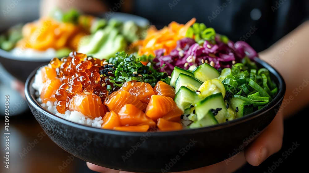 Colorful poke bowl, cubes of raw fish atop rice with assorted toppings Colorful poke bowl, cubes of raw fish atop rice with assorted toppings