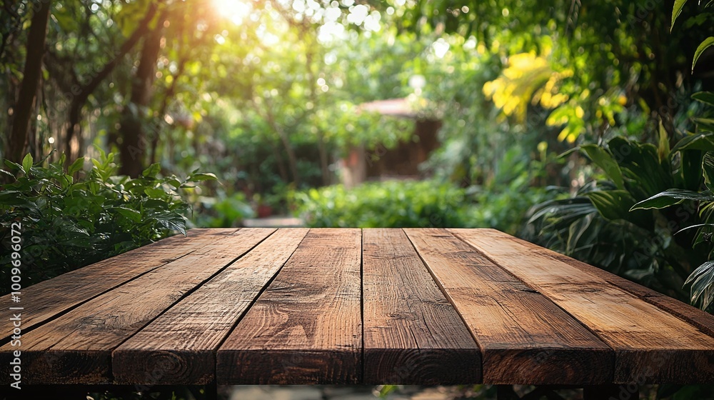 wooden tabletop set in a lush green backyard garden perfect for outdoor parties offering space for product display or event decor in a festive home garden environment wooden tabletop set in a lush green backyard garden perfect for outdoor parties offering space for product display or event decor in a festive home garden environment