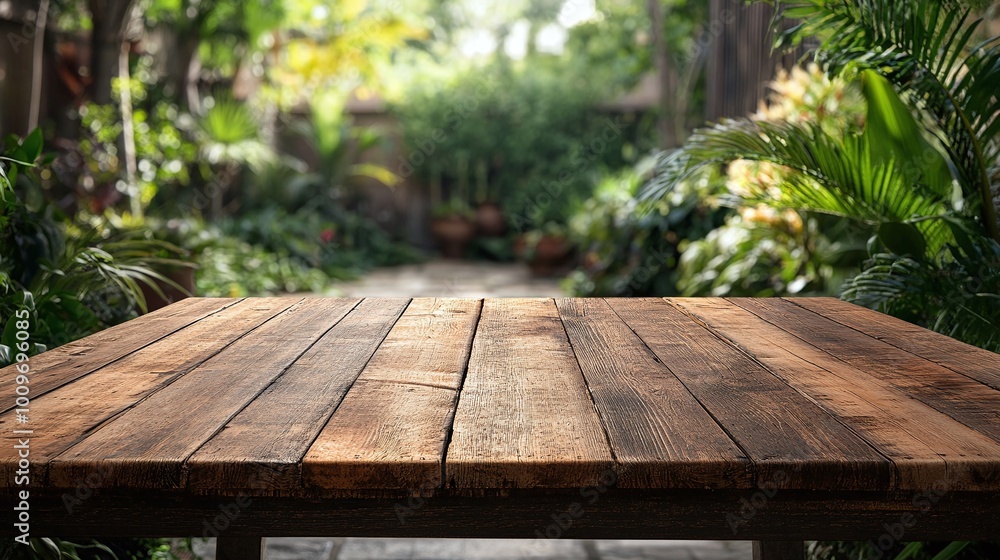 wooden tabletop set in a lush green backyard garden perfect for outdoor parties offering space for product display or event decor in a festive home garden environment wooden tabletop set in a lush green backyard garden perfect for outdoor parties offering space for product display or event decor in a festive home garden environment