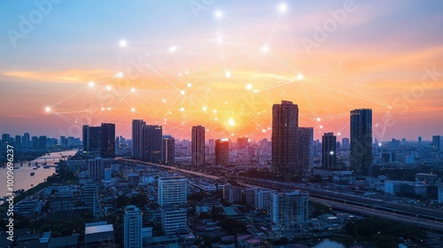 Futuristic Cityscape at Sunrise and Sunset with Digital Network, To convey a sense of the future and the role of technology in shaping our cities