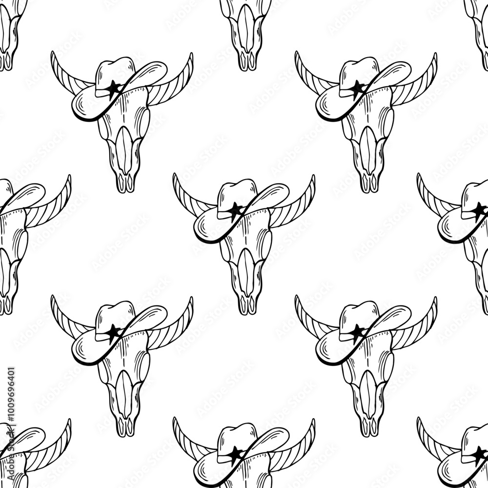 Wild west cow skull in cowboy hat seamless pattern. Hand drawn black outline western vector illustration. Wild west cow skull in cowboy hat seamless pattern. Hand drawn black outline western vector illustration.