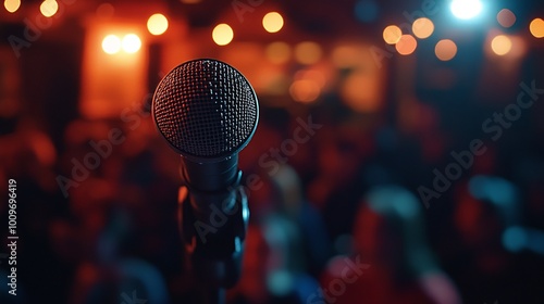 spotlight on a single microphone on stage against a blurred audience in an auditorium showcasing anticipation for a live event performance or public speaking photo