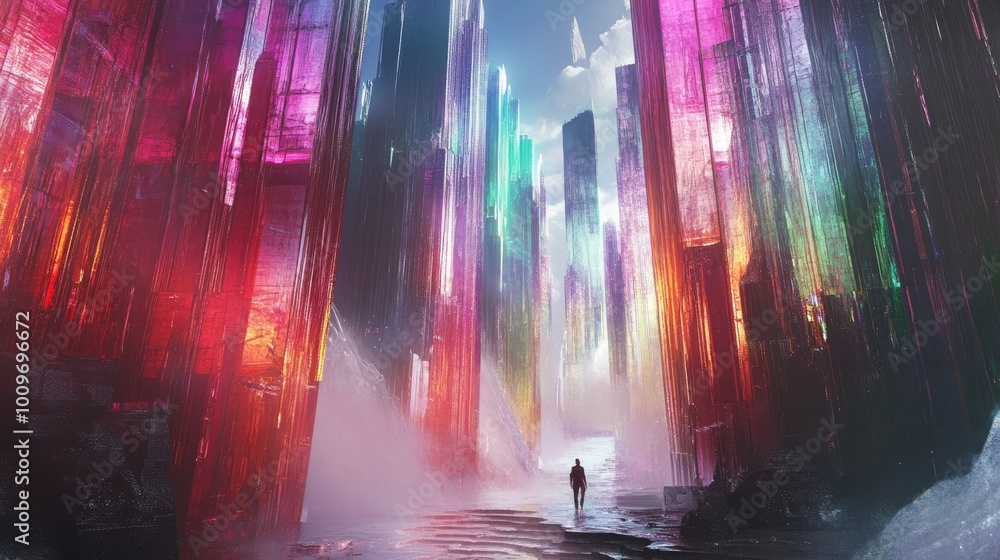 A Solitary Figure Walking Through a City of Vibrant Crystal Towers A Solitary Figure Walking Through a City of Vibrant Crystal Towers