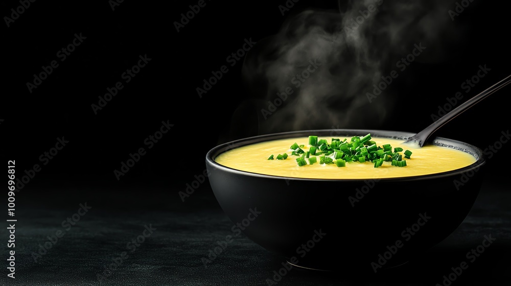 Creamy French vichyssoise, chilled potato and leek soup garnished with chives Creamy French vichyssoise, chilled potato and leek soup garnished with chives