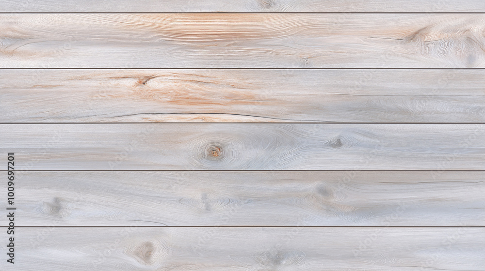 Fototapeta premium Seamless pattern background featuring white horizontal wooden planks with a stained finish, showcasing knots and a painted white appearance for a rustic aesthetic