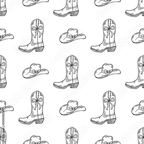 Cowgirl boots with a charming bows and hat seamless pattern. Western coquette aesthetic. Hand drawn line art vector illustration.