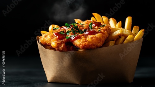 Crispy fish and chips, battered cod with thickcut fries photo