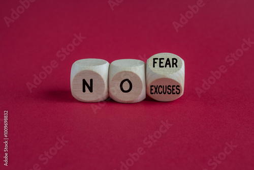 Obraz na płótnie No fear and excuses symbol. Concept words No fear No excuses on wooden cubes. Beautiful red background. Business motivational no fear and excuses concept. w salonie
