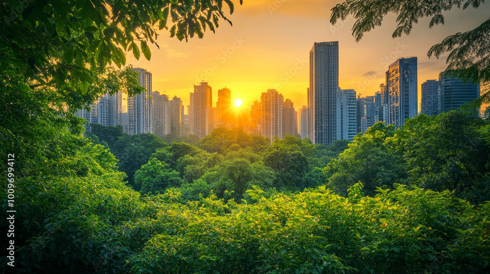 Fototapeta premium Sunset view of a lush urban park contrasting with a green city skyline filled with skyscrapers