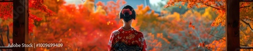 Wallpaper Mural Woman wearing a traditional kimono, admiring vibrant autumn leaves in a Japanese garden. Free copy space for banner. Torontodigital.ca