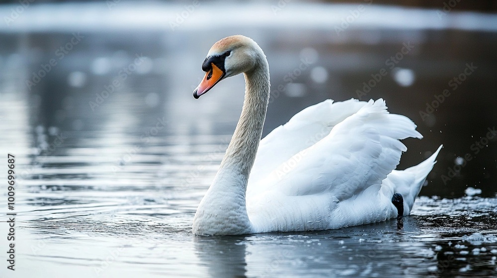 A large white swan gracefully glides atop a serene lake, surrounded by lush water lilies adorning its surface A large white swan gracefully glides atop a serene lake, surrounded by lush water lilies adorning its surface