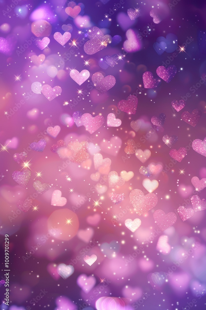 Romantic Valentine's Day Background with Glowing Pink and Purple Heart Shapes and Light Sparkles Romantic Valentine's Day Background with Glowing Pink and Purple Heart Shapes and Light Sparkles