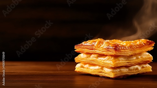 Flaky French millefeuille, layers of puff pastry filled with pastry cream photo