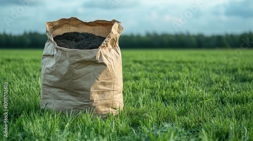 eco-friendly paper bag filled with biochar set on a grassy field symbolizing sustainable agriculture and green farming practices through nature-conscious packaging and soil regeneration photo