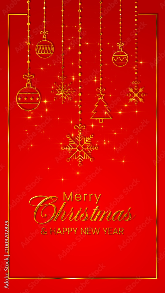 Naklejka premium merry christmas card with golden text and frame and ornaments,glitter stars on red background , new year and christmas eve vertical social media wallpaper