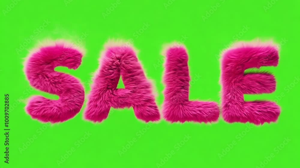 Furry pink letters spelling Sale stand out against vibrant green chroma key background, creating bold and eye catching design perfect for attracting attention to promotions or advertisements. Furry pink letters spelling Sale stand out against vibrant green chroma key background, creating bold and eye catching design perfect for attracting attention to promotions or advertisements.